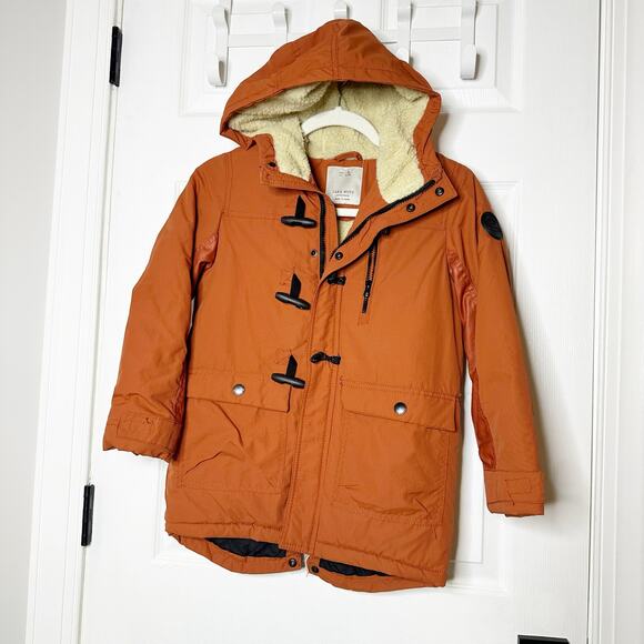 Zara Parka Sherpa Lined Toggle Orange Hooded‎ Jacket Boys 128cm Size 8 - Picture 1 of 6